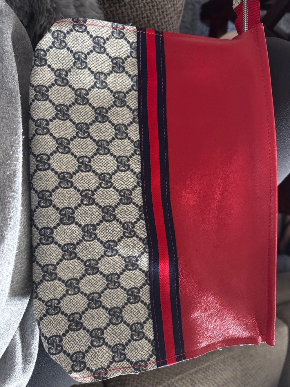 Gucci Red Leather and Beige GG Canvas Clutch with Navy & Red Stripe